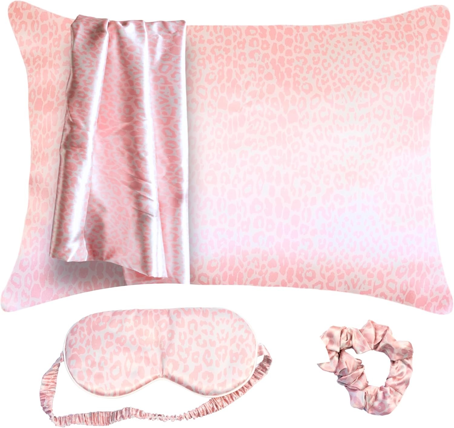 Satin Pillowcase Gift Set for Women – Pink Leopard, Silky Soft, Reduces Frizz | Includes Satin Eye Mask & Scrunchie | for Curly Hair, Sensitive Skin | Gift for Mom, Daughter, Self