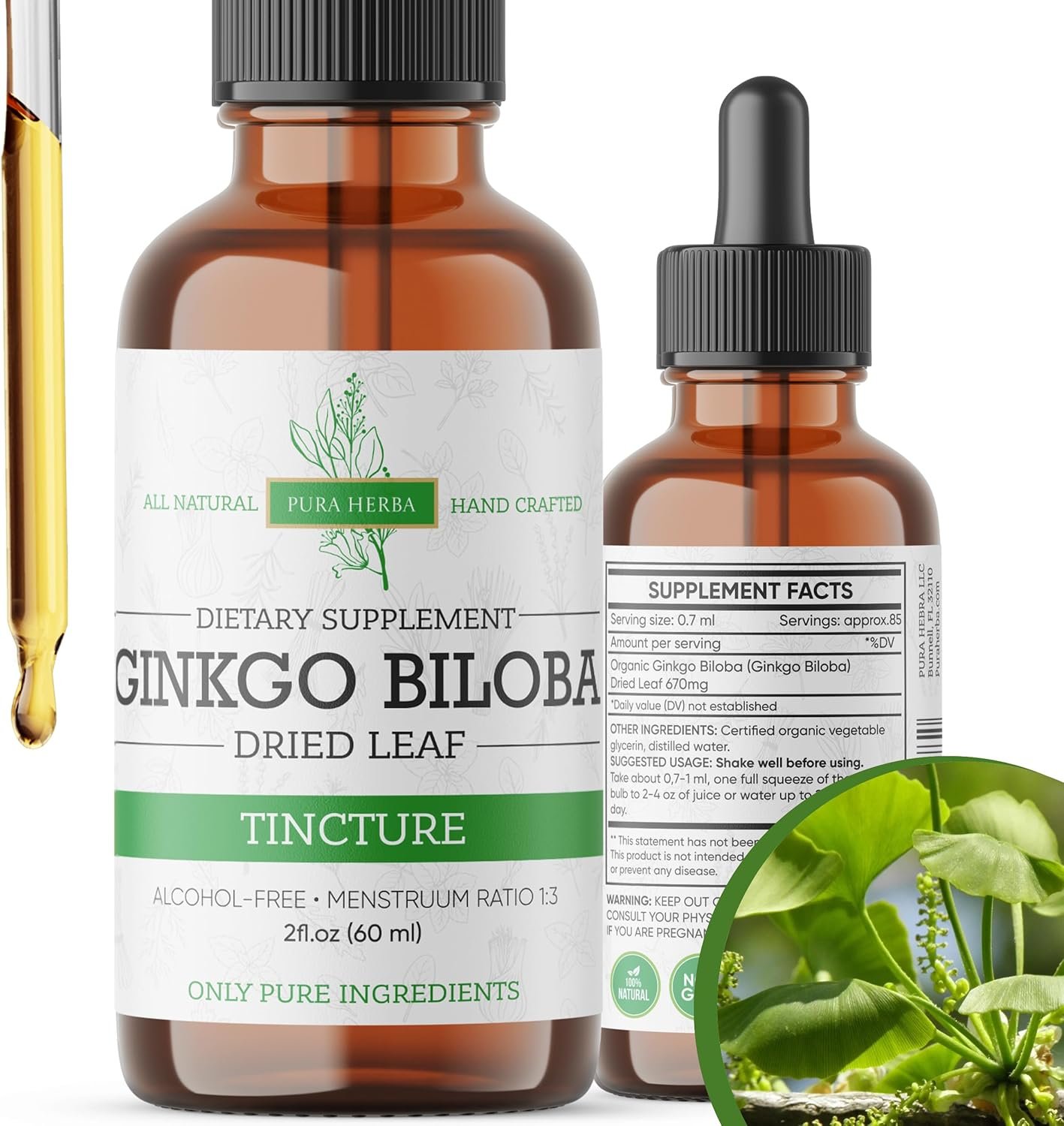 Pura Herba Ginkgo Biloba Extract Liquid 2 Fl Oz, Supplements for Brain Function and Memory Support, Alcohol Free, Vegan – 2 Fl Oz