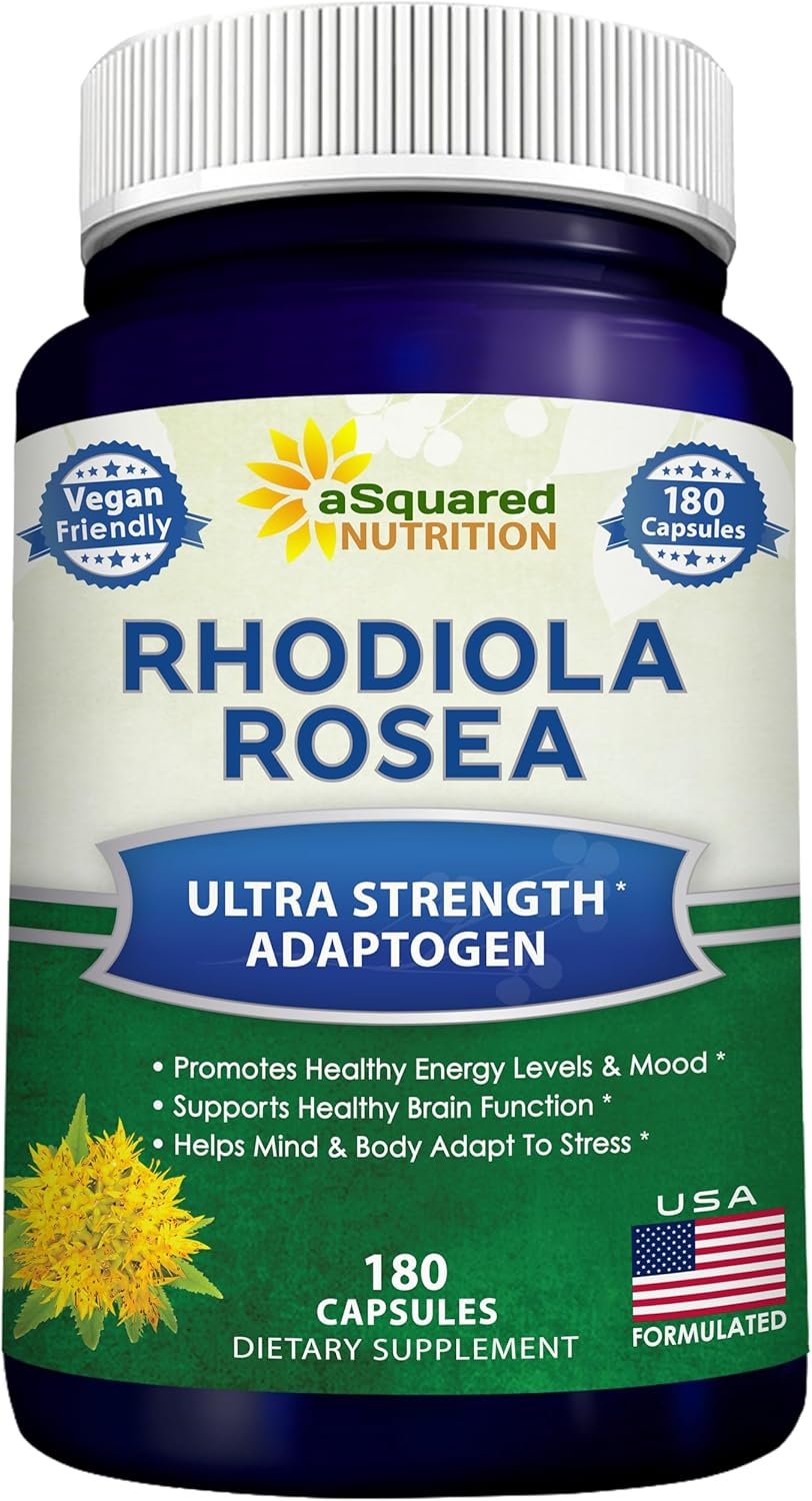aSquared Nutrition Rhodiola Rosea Supplement 1000mg – 180 Vegan Capsules – Max Strength Rhodiola Root Extract Pills Improve Pure Energy, Brain Function & Stress Relief -Golden Root Herb Powder Tablets