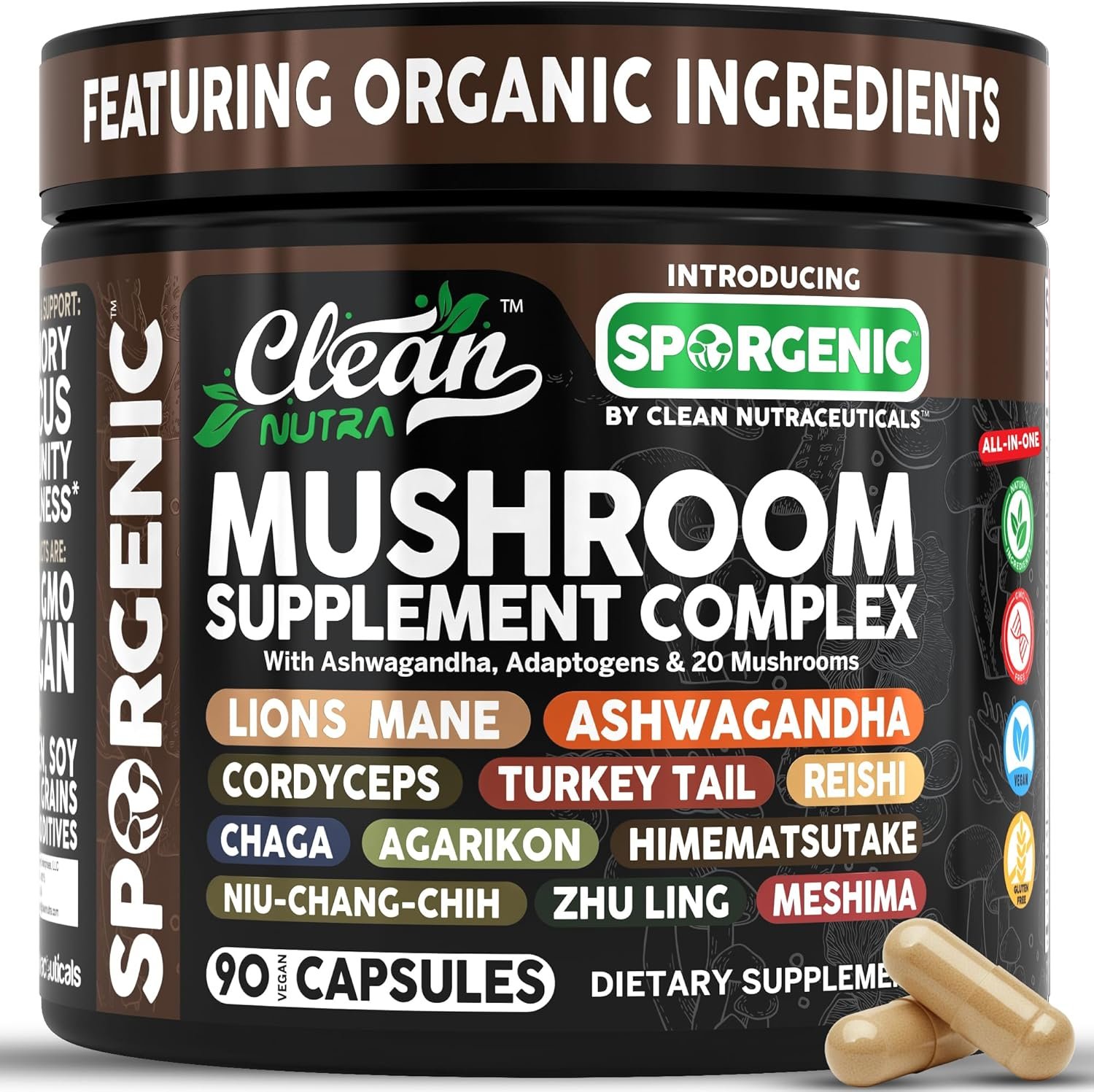 Organic Mushroom Supplement | Ashwagandha Lions Mane Cordyceps Turkey Tail Reishi Mushrooms Maca Root Black Hoof Chaga Tremella Agarikon Shiitake Oyster Powder Capsules Sporgenic By Clean Nutra (1)