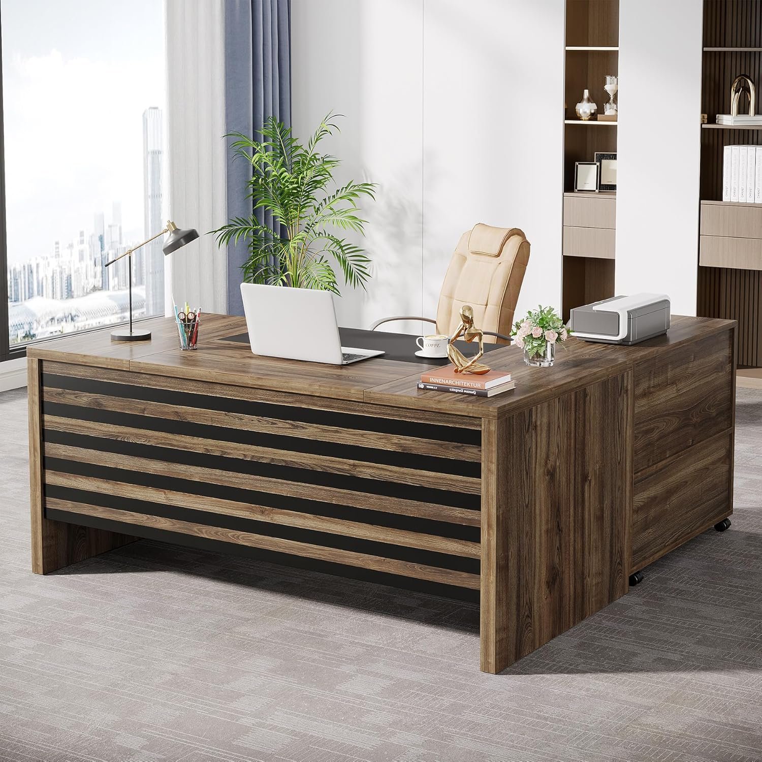 Tribesigns 62.2″ Executive Desk with Mobile File Cabinet, L-Shaped Office Desk with Storage Shelves, Large Computer Desk Business Workstation Set for Home Office, Light Brown
