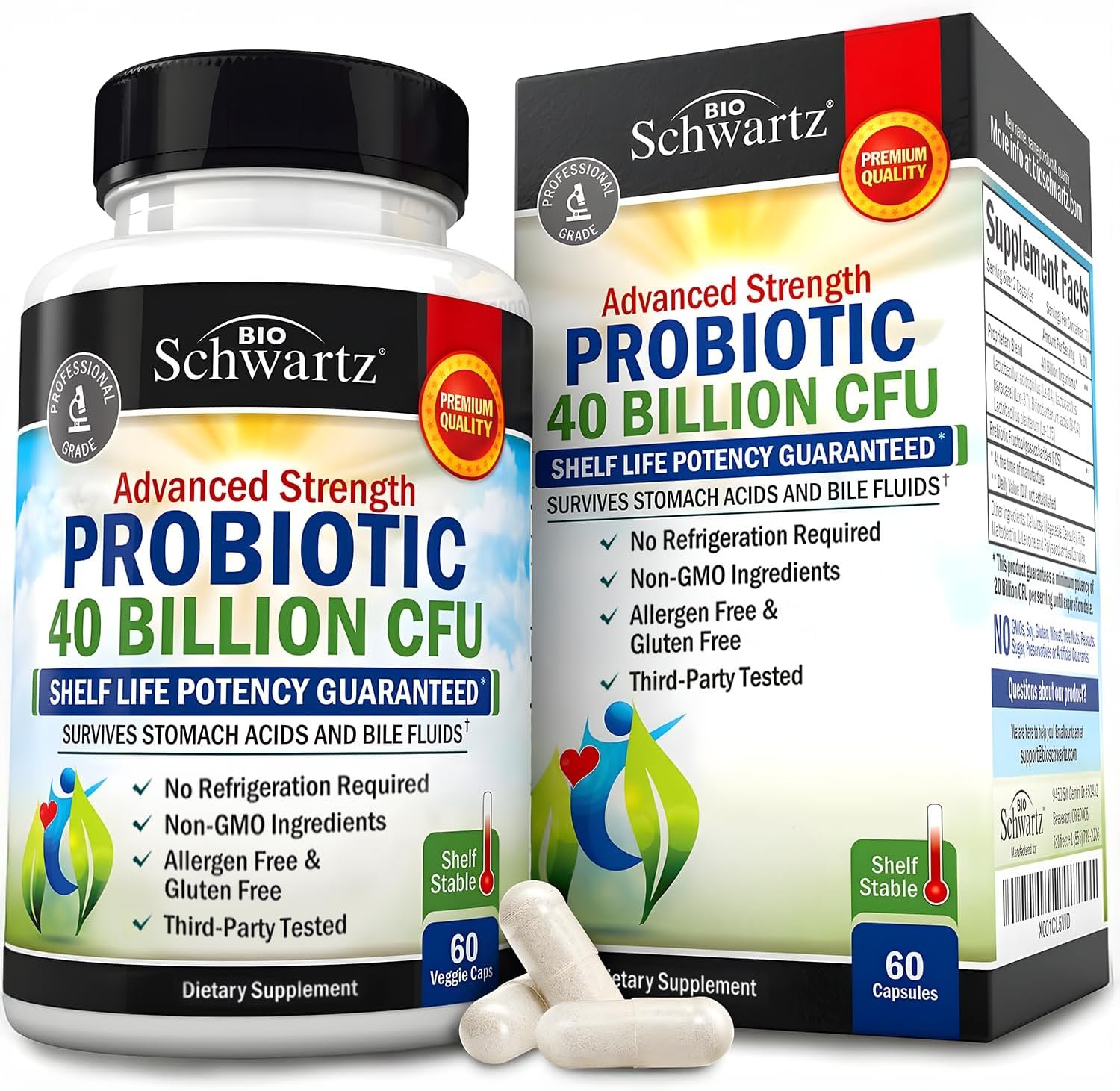 BioSchwartz Daily Probiotic Nutritional Supplement – 40 Billion CFU for Gut Health – Probiotics for Men and Women – Digestive Health with Astragalus & Lactobacillus – Shelf Stable – 60 Count