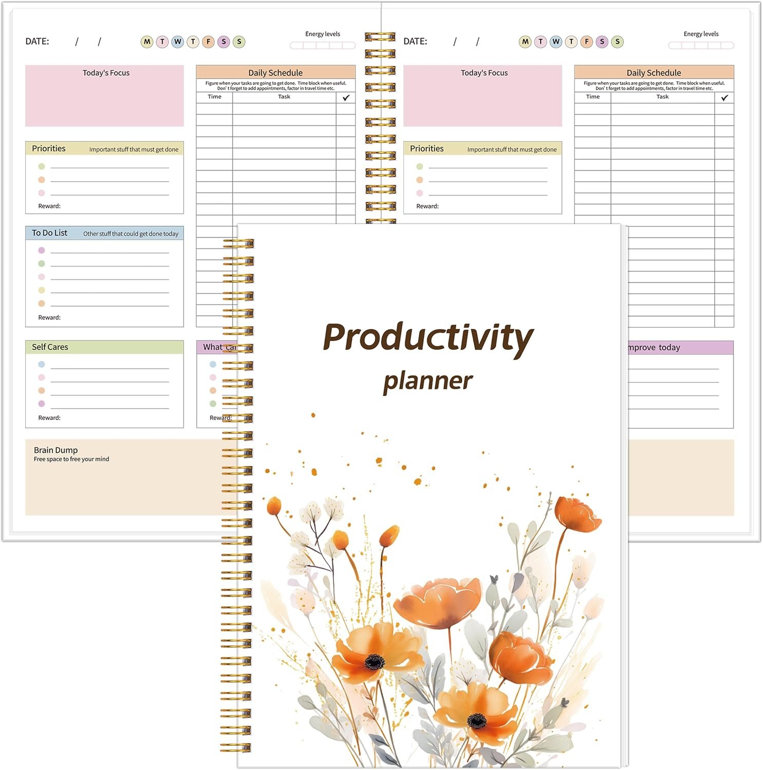 ADHD Planner for Adults，Women，Daily Productivity Planner with Task Management Organizer, Self-Cares, Daily Schedule,To-Do List,Brain Dump,ADHD Journal to Stay Organized and Focused (Orange Floral)