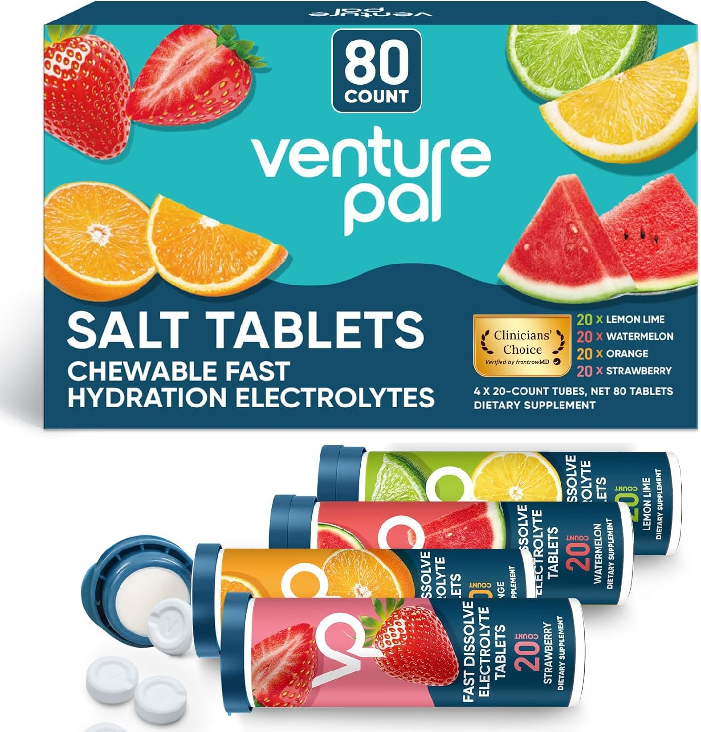 Venture Pal Chewable Electrolyte Tablets, 80 Count Fast-Dissolve Sugar-Free Stick Salt Tablets,Gluten Free – Variety Pack for Rapid Hydration, Outdoor Running, Hiking | Keto & Vegan Friendly | 4 Pack