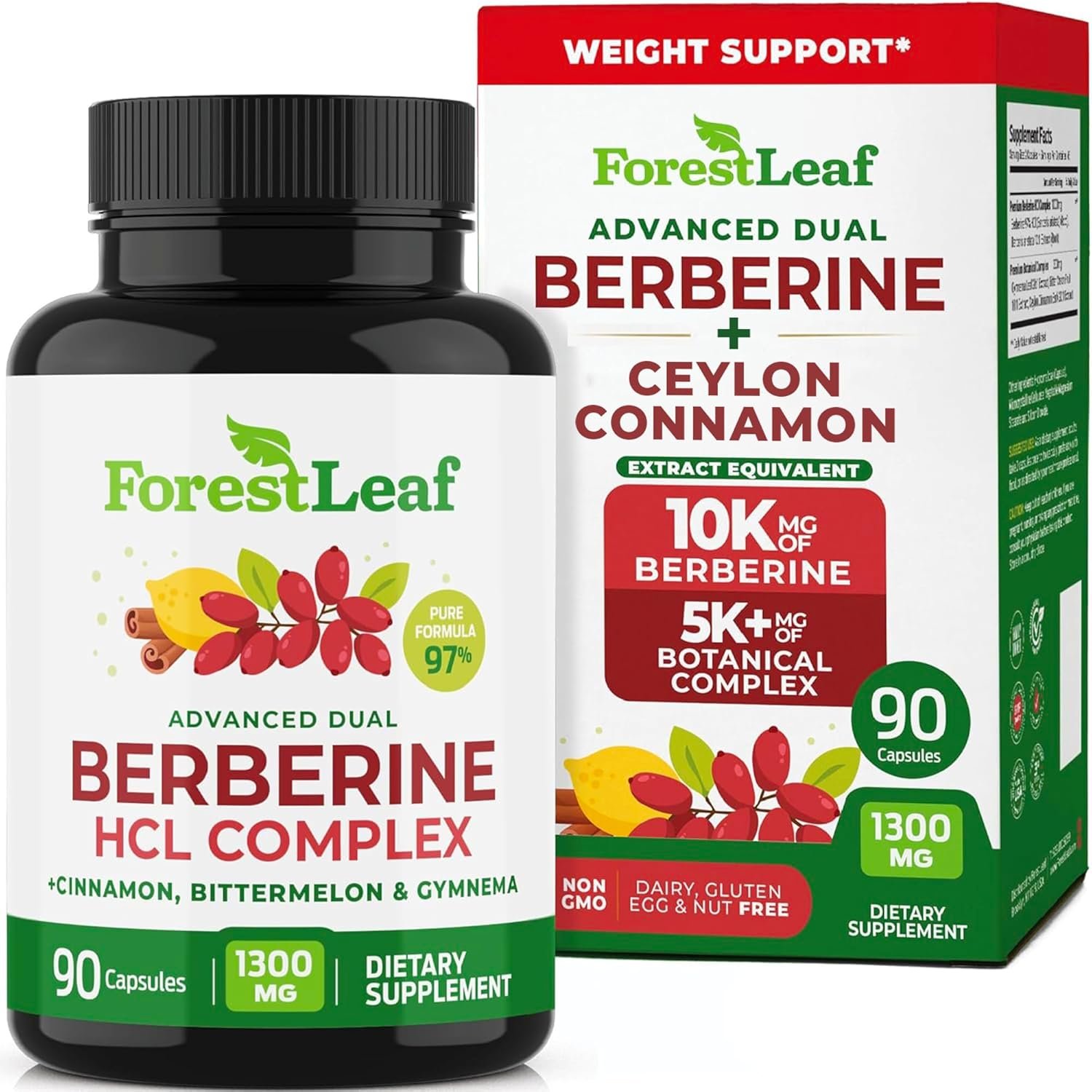 ForestLeaf Berberine Supplement – 1300mg per Serving – Ultra High Potency Berberine HCl with Ceylon Cinnamon, Bitter Melon & Gymnema – GLP-1 Weight Management Support – 90 Caps