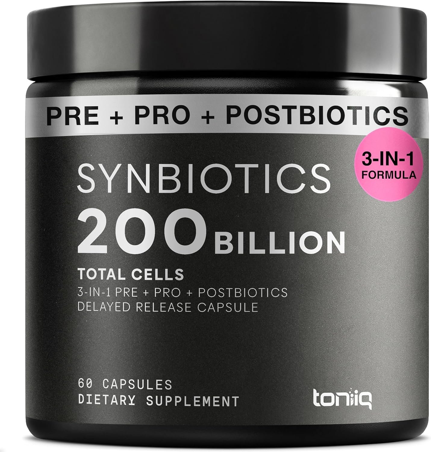 Toniiq Prebiotics and Probiotics – 200B CFU Synbiotic with Postbiotics IMMUSE® & ButyraGen® – 30 Strains for Gut & Digestive Health – Shelf-Stable – Third-Party Tested – 60 Capsules
