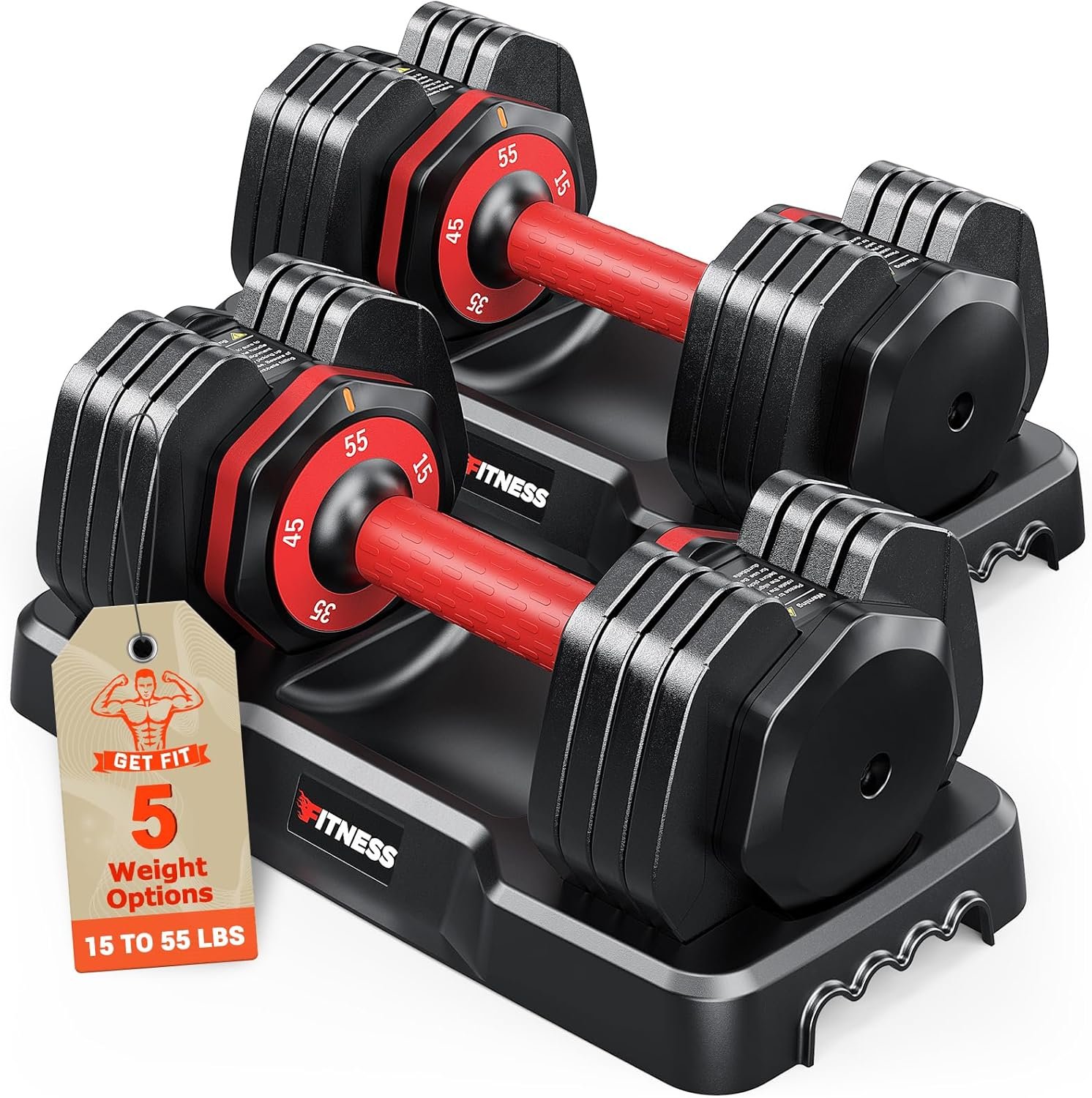 Rendpas Adjustable Dumbbells Set of 2, 5-in-1/10-in-1/16-in/1 Quick-Lock Hand Weights 25/55/80 lbs Pair, Anti-Slip Handle Free Weights Set in Home Gym for Men and Women