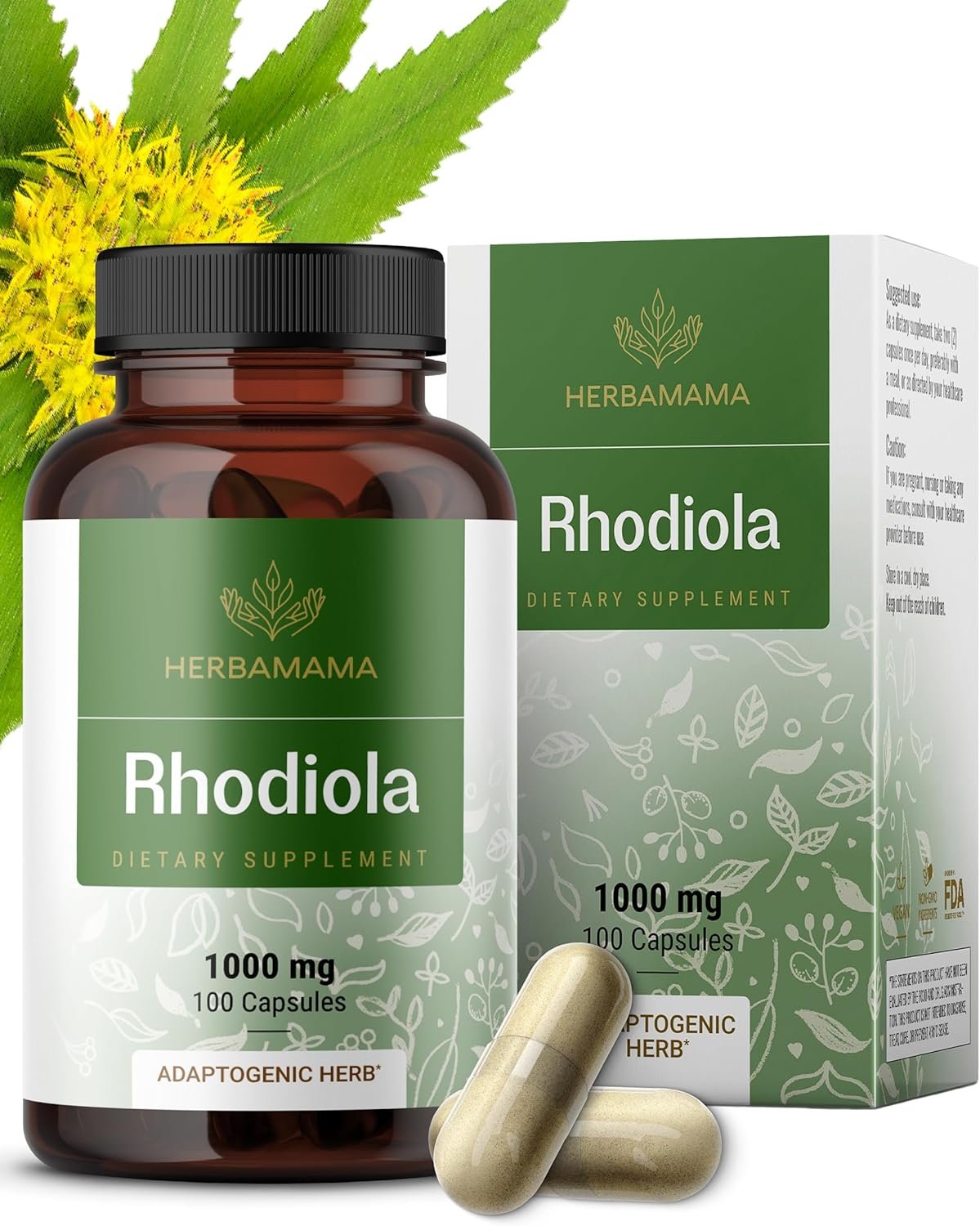 HERBAMAMA Rhodiola Rosea Supplement – Rhodiola Rosea Capsules for Stress Relief & Mental Focus Support* – 100 Vegan Capsules (50 Servings)