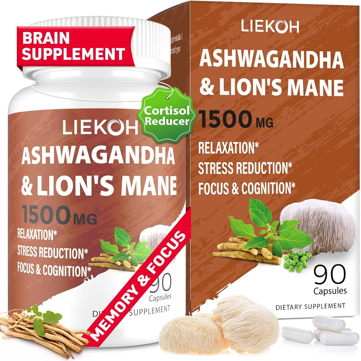 Ashwagandha & Lions Mane Supplement Capsules, Brain Supplements for Memory and Focus, Ashwagandha Supplement with Rhodiola & Black Peppe, Cortisol Supplements for Women & Men,90 Caps