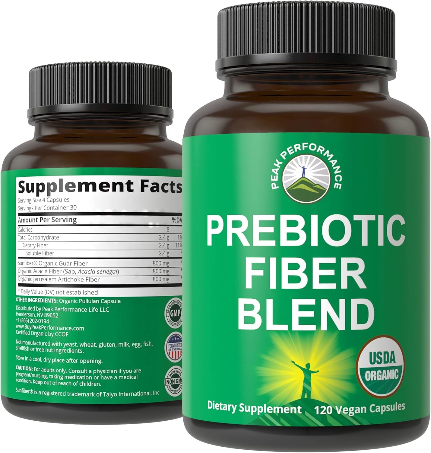 USDA Organic 3-in-1 Prebiotic Fiber – Vegan Capsules for Gut, Digestive Health. Raw Whole Food Plant Based Prebiotics Pills Supplement with Inulin (Jerusalem Artichoke), Acacia Fibers, SunFiber
