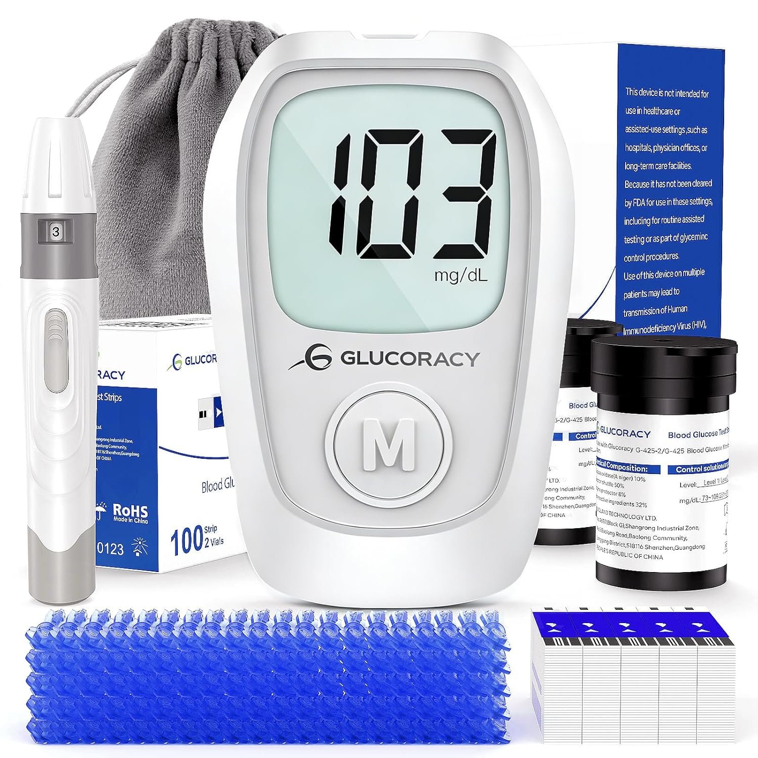 Glucoracy G-425 Glucose Monitor Kit, Blood Sugar Monitor with Glucose Meter, Lancing Device, 100 Test Strips and 100 Lancets, Blood sugar testing kit for Home Use, Diabetes Home Testing Kit