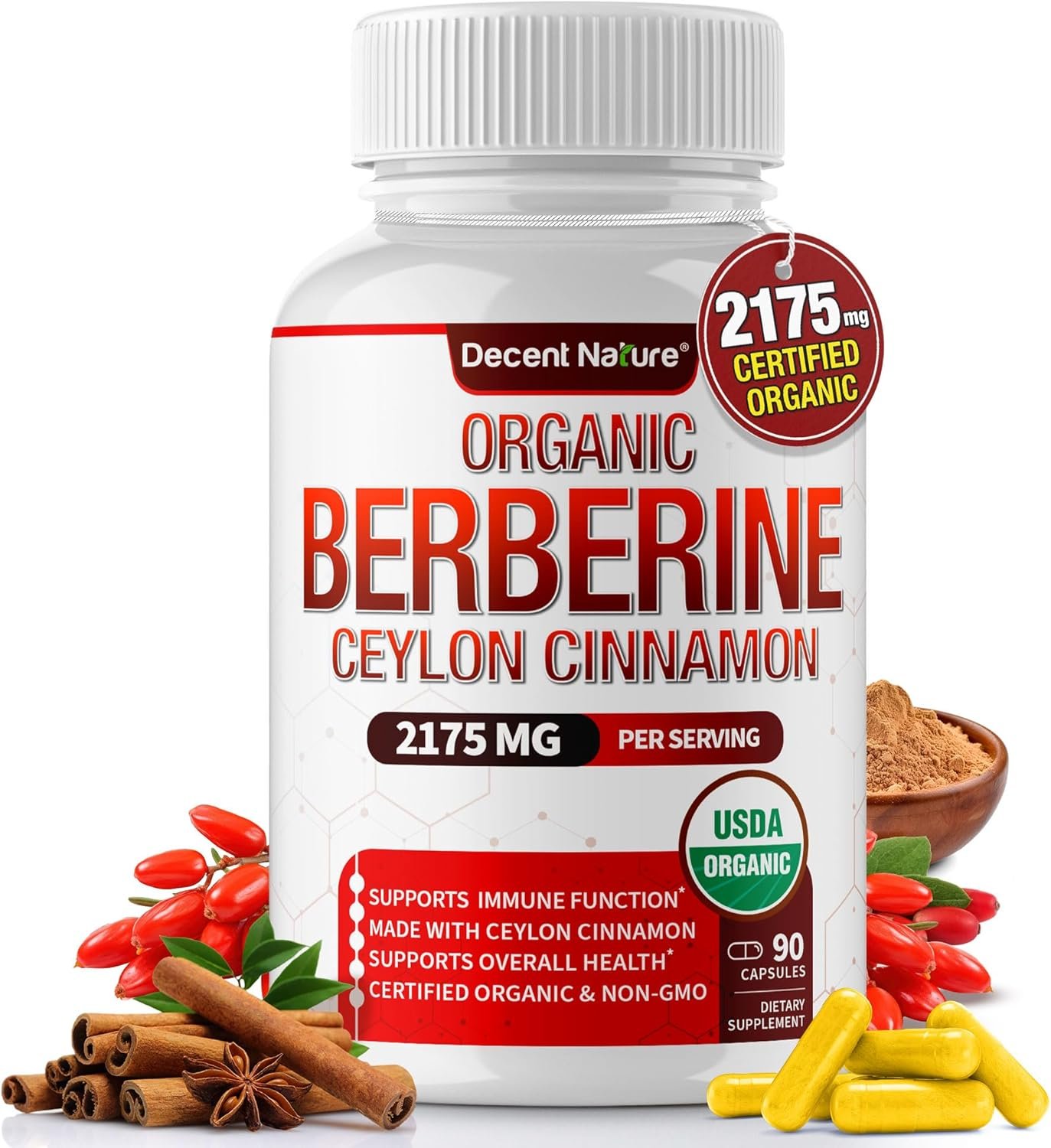 Organic Berberine with Ceylon Cinnamon 2175mg – Premium berberine supplement high purity extract USDA Organic, support immune system, Berberine Plus Complex, Non-GMO Vegan for Men Women 90 Capsules