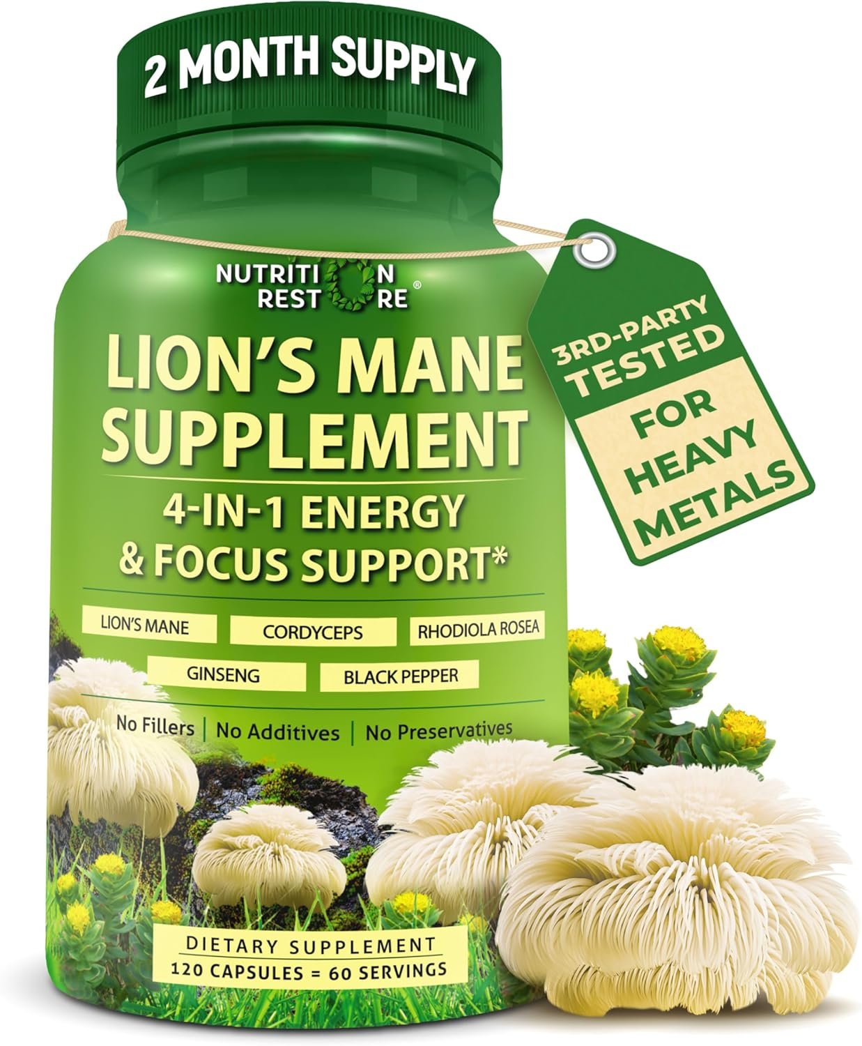 Organic Lion’s Mane Supplement Capsules – Contains Naturally Occurring Beta Glucans & Polysaccharides, Enhanced with Organic Energy & Focus Support Blend: Cordyceps, Rhodiola Rosea, Ginseng, 120 Count