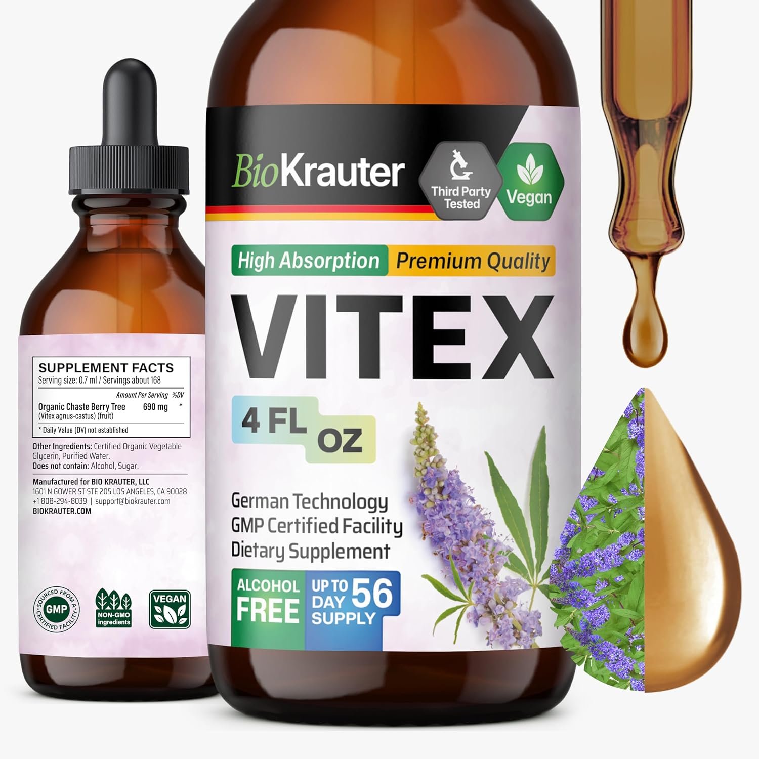 BIO KRAUTER® Vitex Chasteberry Supplement for Women & Menopause Support* – 4 Fl.Oz 56 Days of Supply – Pure Vegan Vitex Berry Tincture – Alcohol & Sugar Free, Non-GMO – Relaxation & Women’s Wellness