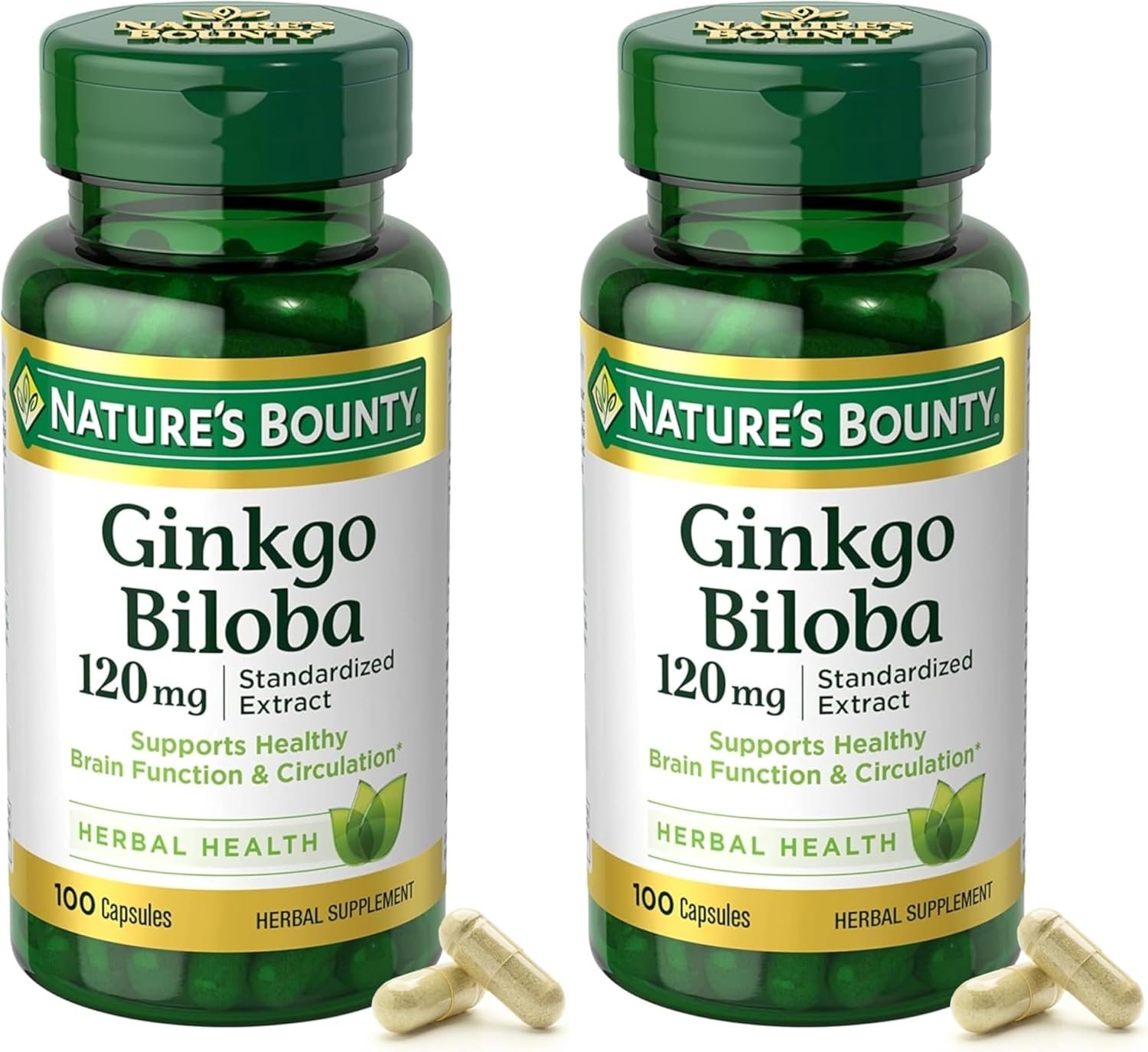 Nature’s Bounty Ginkgo Biloba Capsules 120mg, Memory Support Supplement, Supports Brain Function and Mental Alertness, 100 Capsules (Pack of 2)