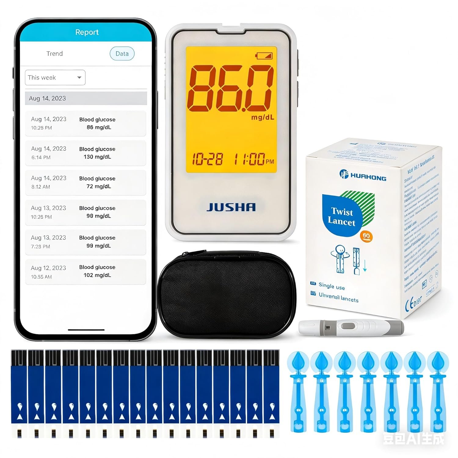 G-427B Bluetooth Blood Glucose Monitor Kit With Free APP – No Coding, 0.7µL Blood Sample, 5s Test, Large Backlit Display with 100 Strips &100 Lancets