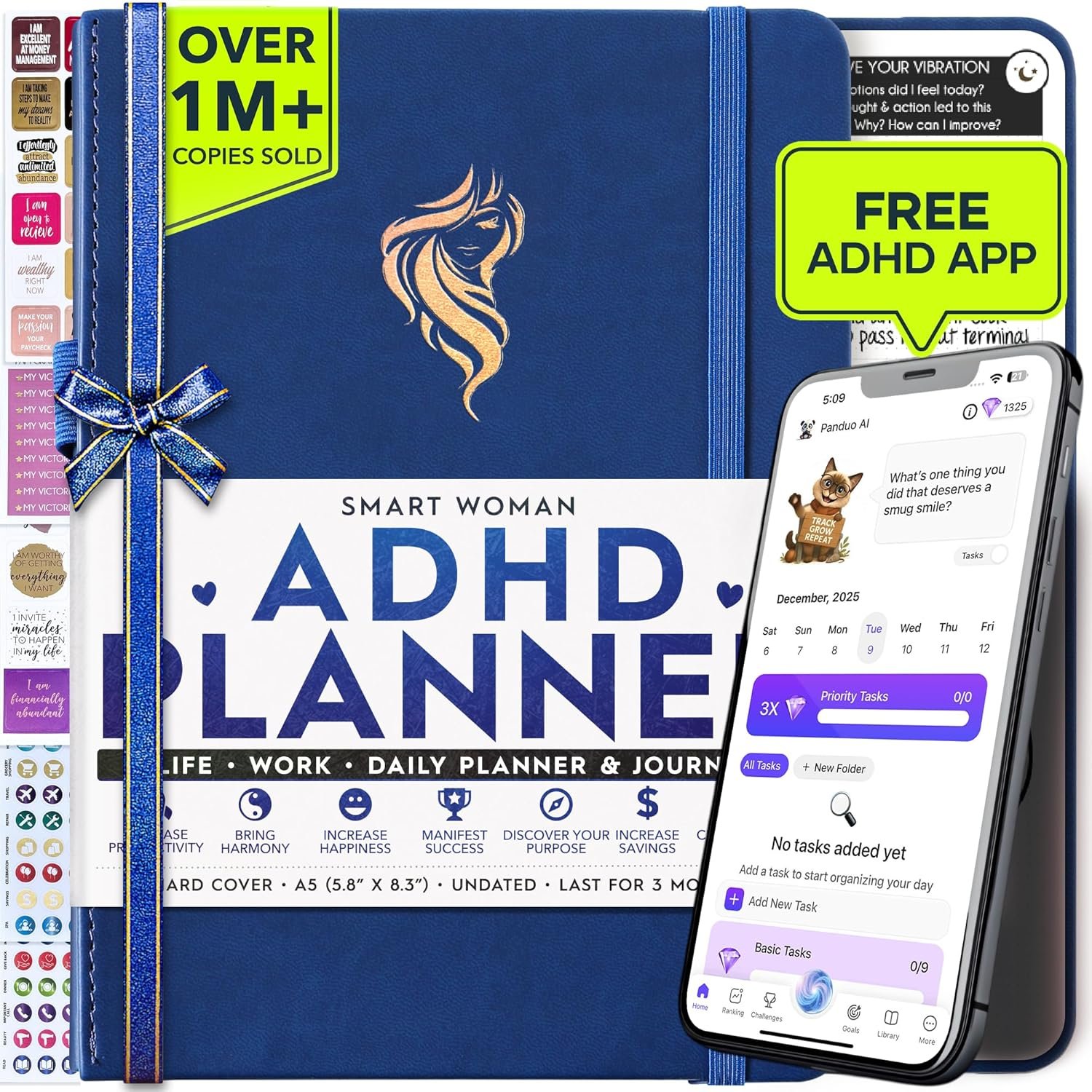 Adhd Daily Planner – A Self Care Personal Gratitude Journal to Increase Productivity and Success in Life & Work, Weekly & Monthly Undated Planner for Women and Men, Vision Board & Organizer + Stickers