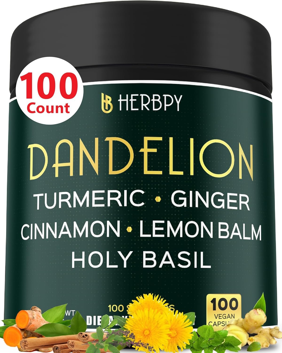 Herbpy Dandelion Root Supplement 7500mg 6in1 for Digestion, Heart Health & Immune – Blended with Ginger, Turmeric Curcumin, Ceylon Cinnamon, Lemon Balm & Holy Basil – 100 Dandelion Capsules