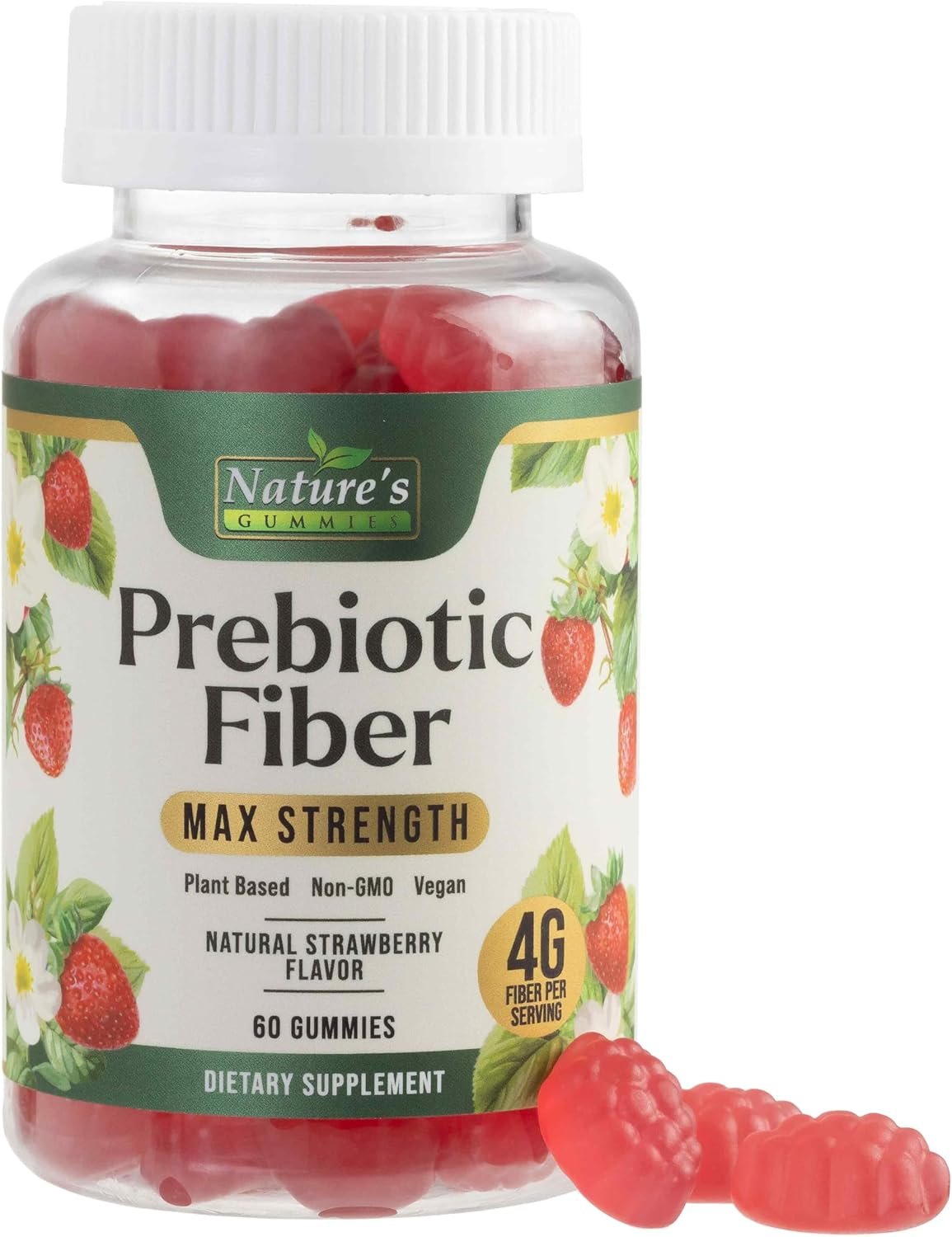 Prebiotic Fiber Gummies – 4g Dietary Fiber Per Serving – Extra Strength Daily Supplement for Adults – Tasty Strawberry Flavor – Plant Based Digestive and Regularity Support – 60 Gummies
