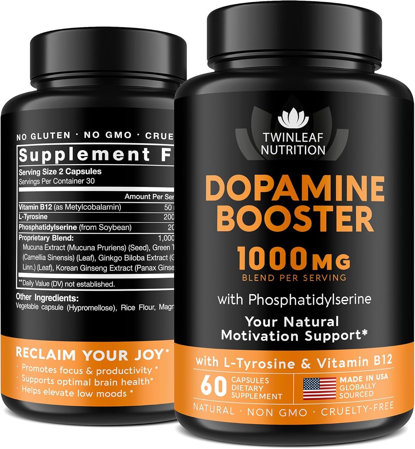 TWINLEAF NUTRITION Dopamine Brain Support Supplement, 1000 mg Blend – Made in USA – with DMAE, Vitamin B12 and L-Tyrosine – Enhance Mental Well-Being – 60 Capsules