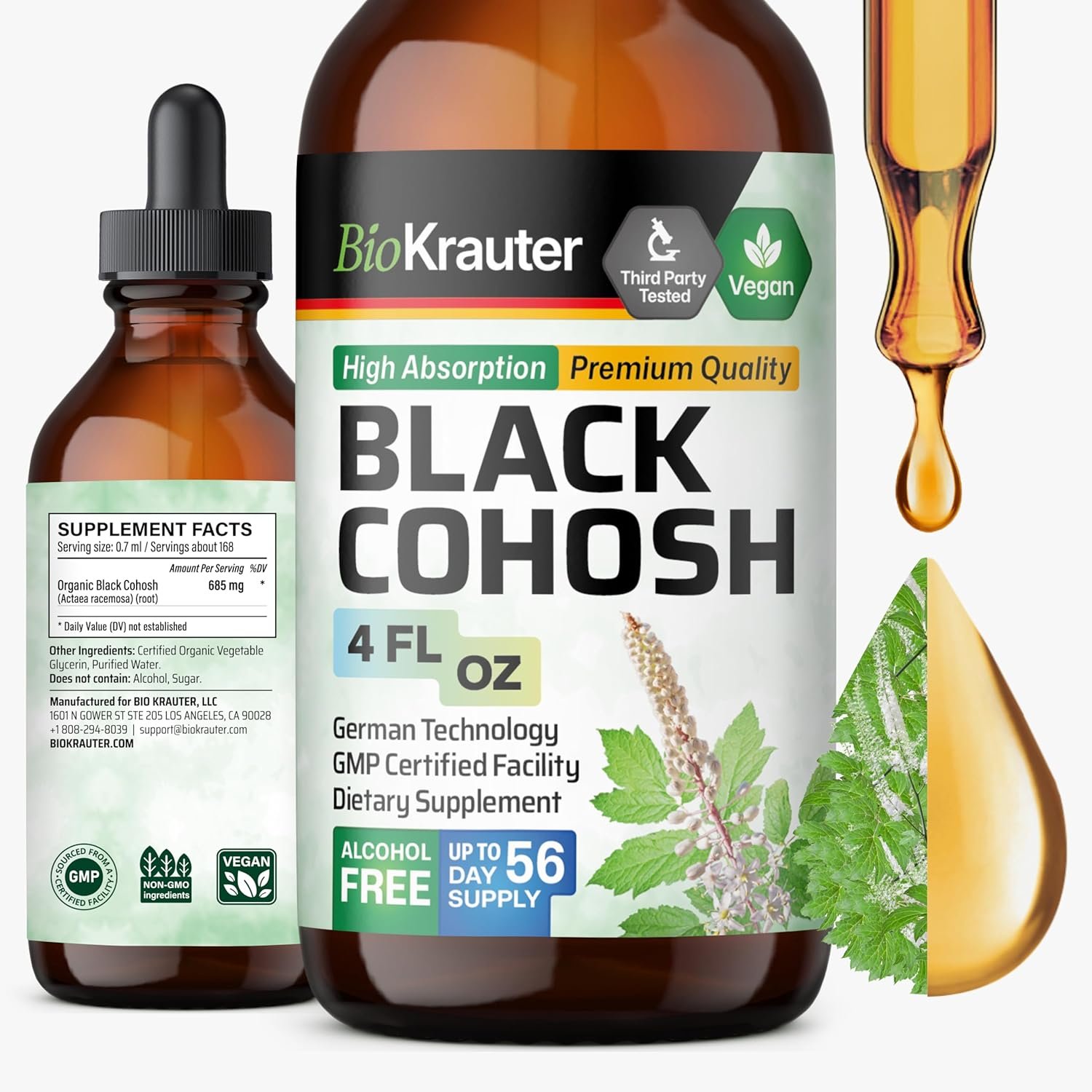 BIO KRAUTER® Perimenopause & Menopause Supplements for Women* – Pure Vegan Black Cohosh for Mood Support & Women’s Wellness – Black Cohosh Supplements 4 Fl.Oz 56-Day Supply, Alcohol & Sugar Free