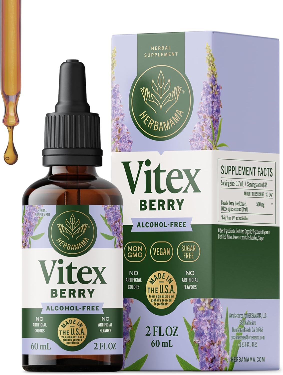 HERBAMAMA Vitex Berry – Hormone Balance for Women, PMS Relief & Cycle Support* – Vitex Chasteberry Supplement for Women – Chaste Tree Berry Drops – Vegan, Non-GMO, 42-Day Supply