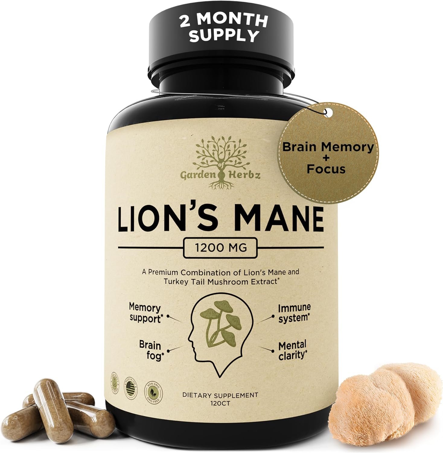Lion’s Mane Mushroom Supplement Capsules with Turkey Tail for Memory & Focus – 10:1 Extract, Brain Fog Support, 1200mg, 3rd Party Tested, Non-GMO, Vegan, Made in USA, 120 Capsules, 2 Month Supply