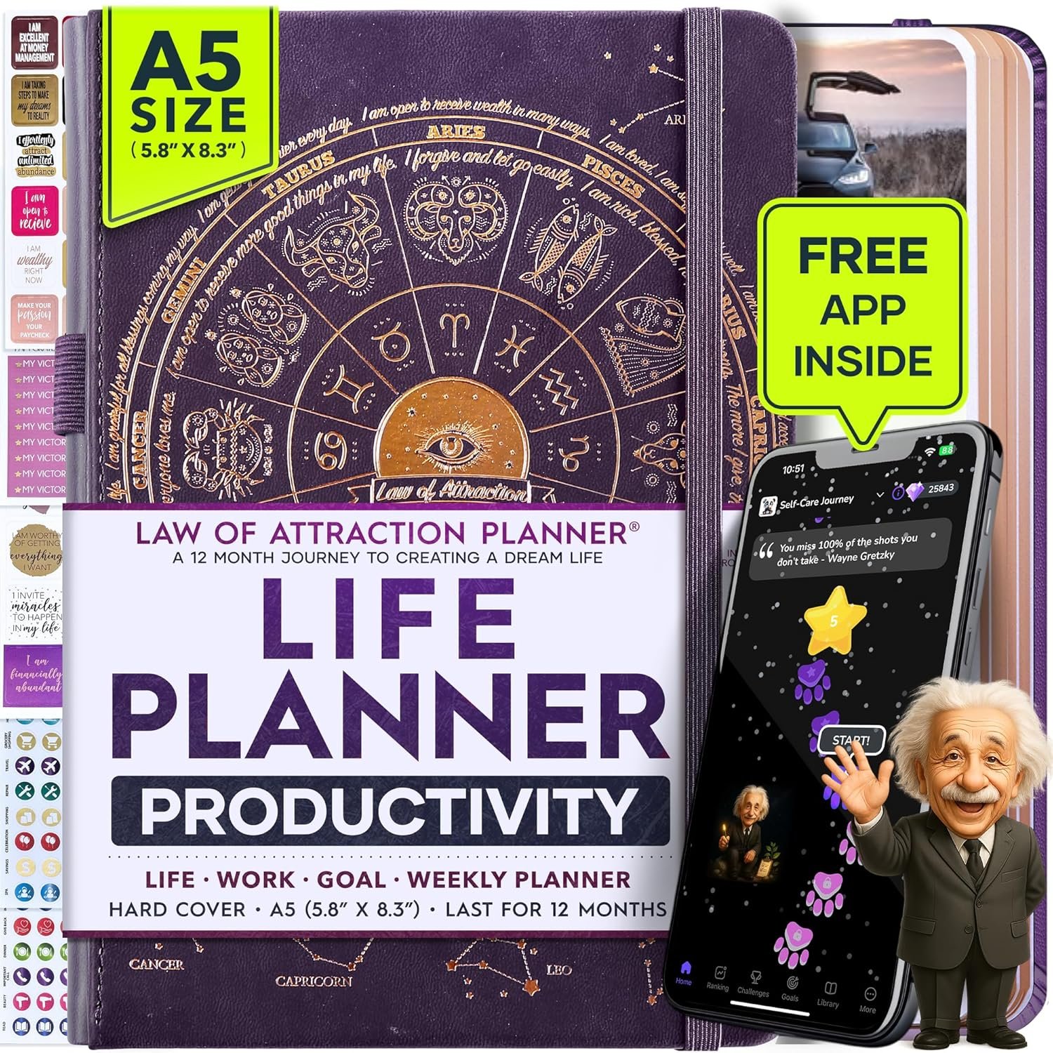 Life Planner – Undated Weekly & Monthly Planner, 12-Month Journey to Increase Productivity | Gratitude Journal, Life Organizer & Goal Journal | Include Foldable Vision Board, Habit Tracker & Stickers