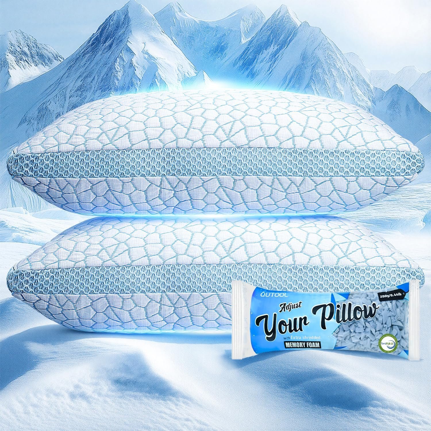 QUTOOL Double Sided Cooling Pillow for Hot Sleepers, Shredded Memory Foam Pillows King Size Set of 2, Adjustable Soft & Firm Gel Bed Pillow for Side, Back, Stomach Sleepers