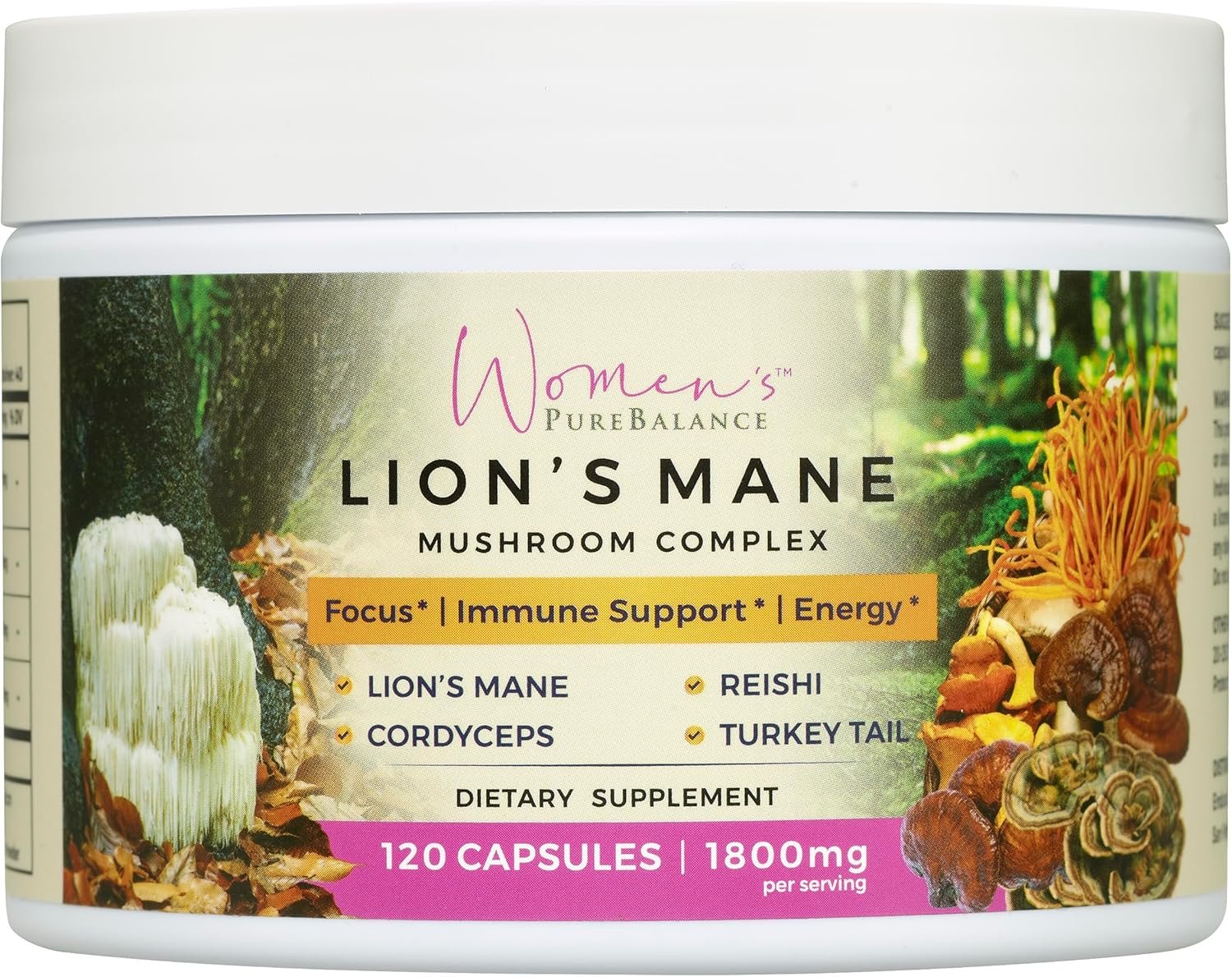 Women’s PureBalance Lion’s Mane Mushroom Supplement Capsules with Reishi, Cordyceps, Turkey Tail – Brain Nootropic for Memory, Focus, Natural Energy, & Immune Support, Non-GMO (120 Capsules)